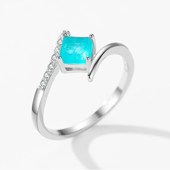 904. Minimalist Platinum-Plated .925 Sterling Silver Paraiba Tourmaline Ring - Picture 3 of 7